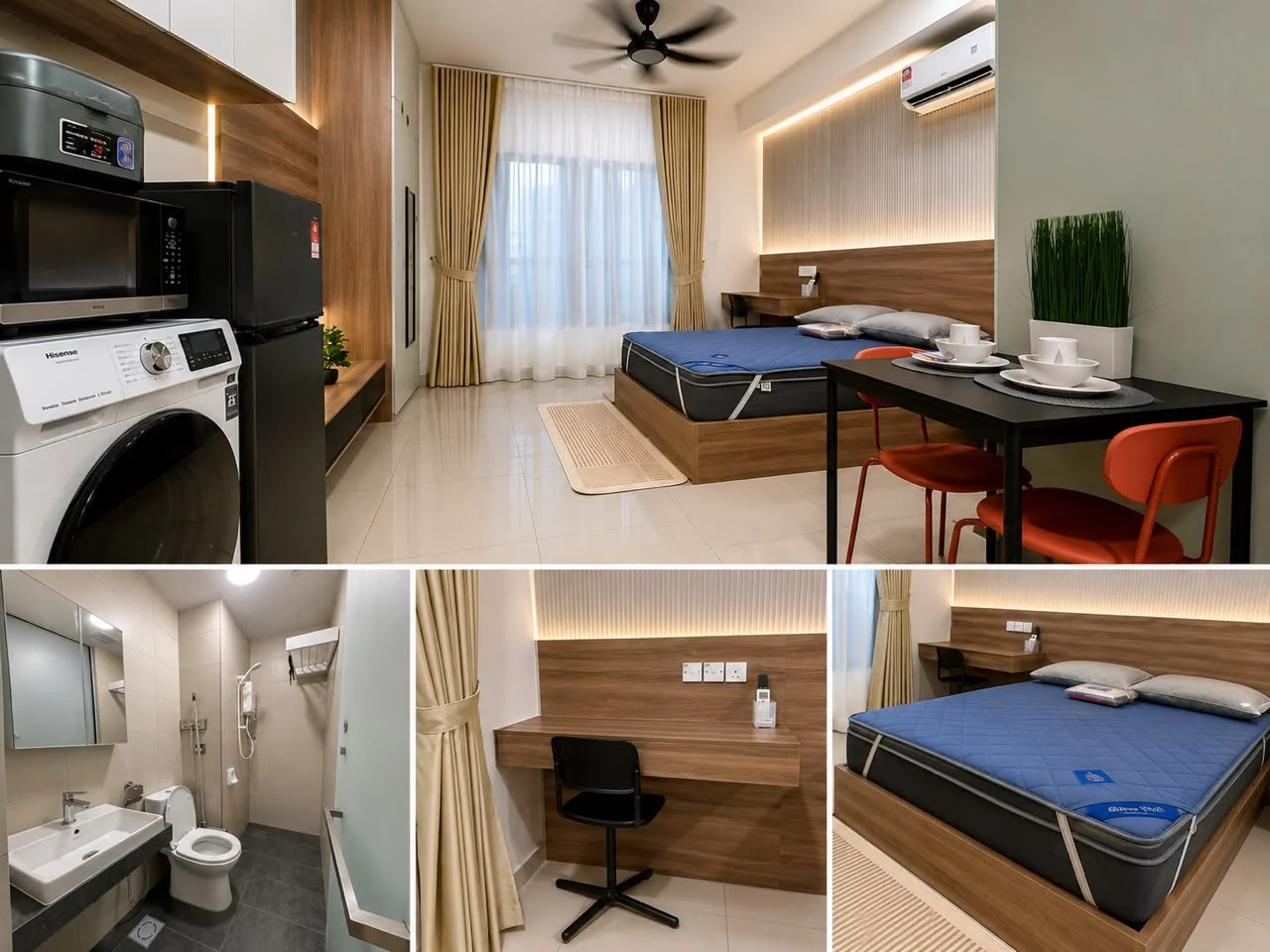 Living features: grey upholstered bed, wooden headboard, white bedding, black study desk, red dining chairs, white plates and cutlery on table, wall-mounted air conditioning unit, floor-to-ceiling window with sheer curtains, light wood paneling, recessed LED lighting, ceiling fan, tile flooring; style: modern. Bathroom features: single-sink vanity with mirror, chrome basin mixer, toilet, shower with glass enclosure, tile cladding, white walls; style: modern. Laundry features: front-load washing machine, stainless-steel fridge, microwave, black cabinetry; style: modern.